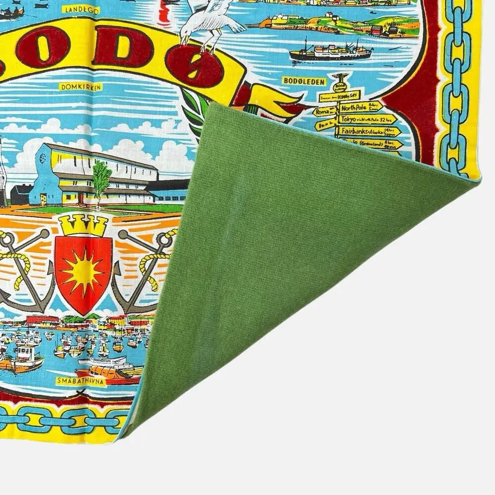 Table Mat Norway Fabric Bodo Landmarks Red Yellow 16x11 Colorful Souvenir Vtg